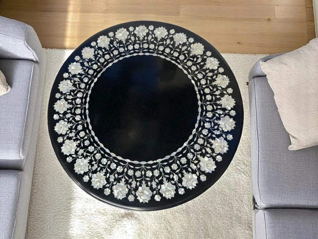 Luxurious Black Marble Round Coffee Table Mop Inlay Stone 